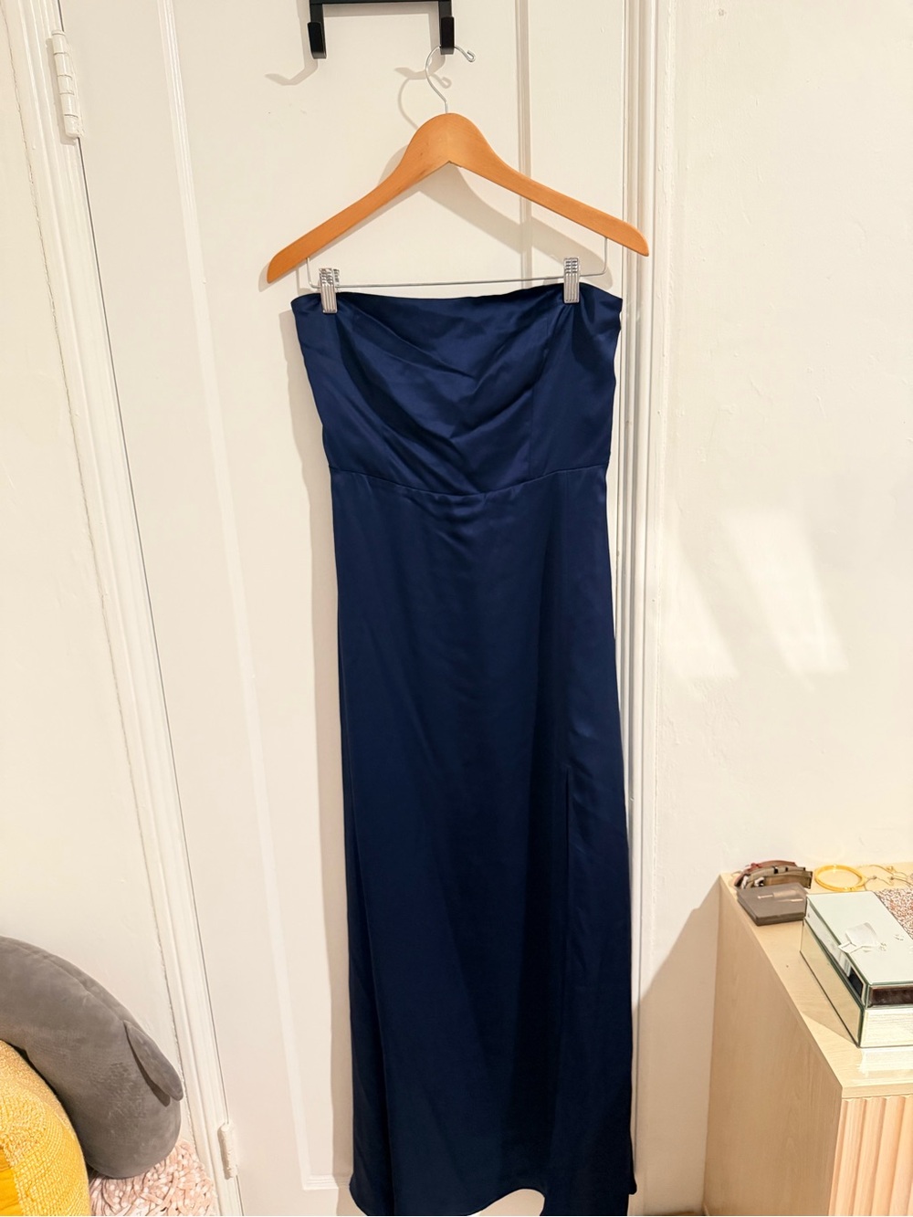 Strapless Navy Blue Satin Evening Gown